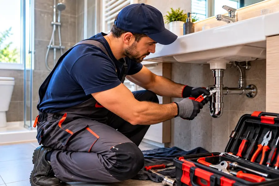 Plombier au travail sous un lavabo : dépannage de plomberie à Béziers