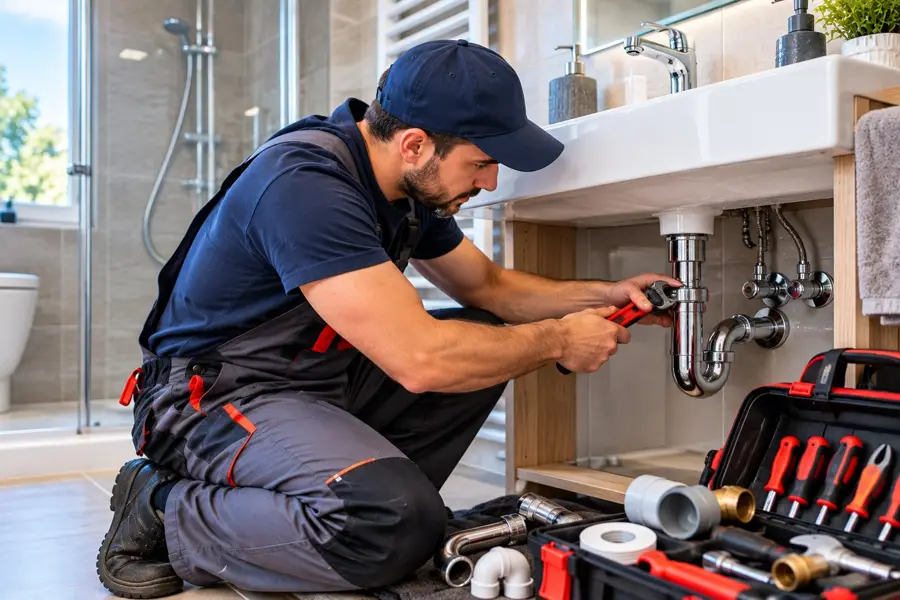 Plombier au travail sous un lavabo : plomberie à Béziers