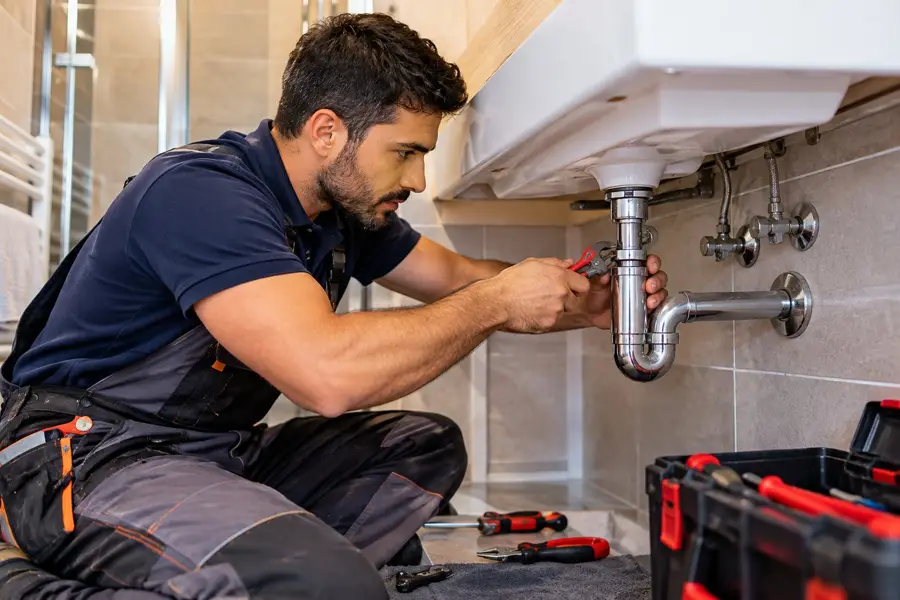 Plombier au travail sous un lavabo : dépannage de plomberie