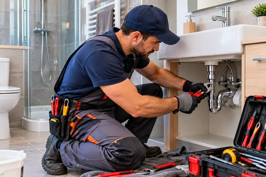 Plombier au travail sous un lavabo : plomberie à Béziers