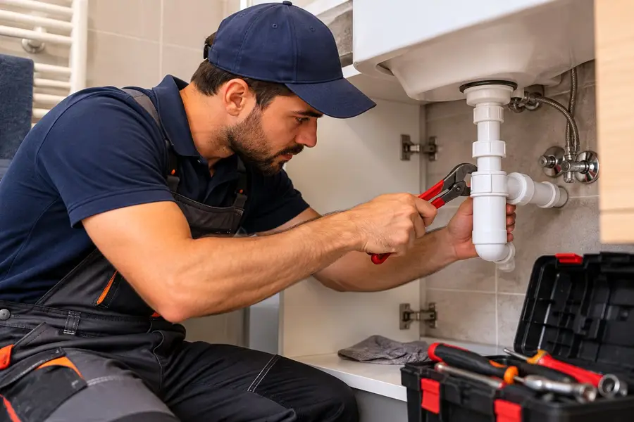 Plombier au travail sous un lavabo : robinetterie à Béziers