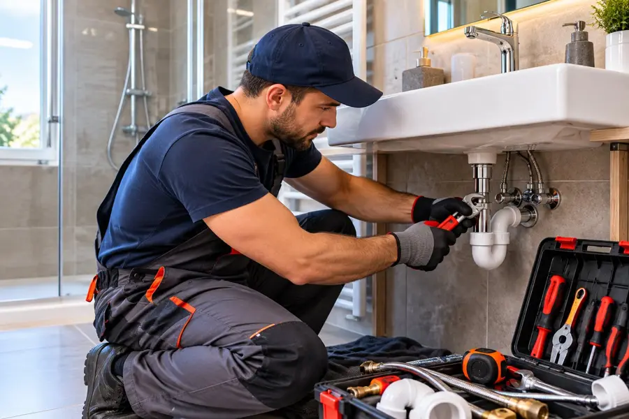 Plombier au travail sous un lavabo : canalisation à Béziers