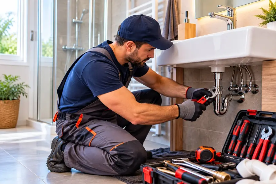 Plombier au travail sous un lavabo : réparation à Béziers
